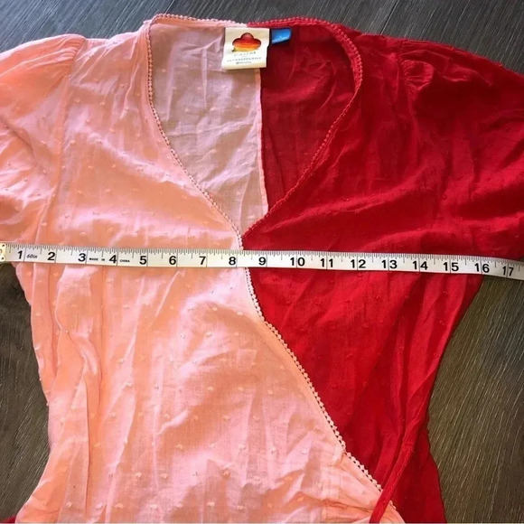 Anthropologie x FARM Rio Wrap Shirt Women's Small Blouse Top Swiss Dot Pink Red - Picture 5 of 7